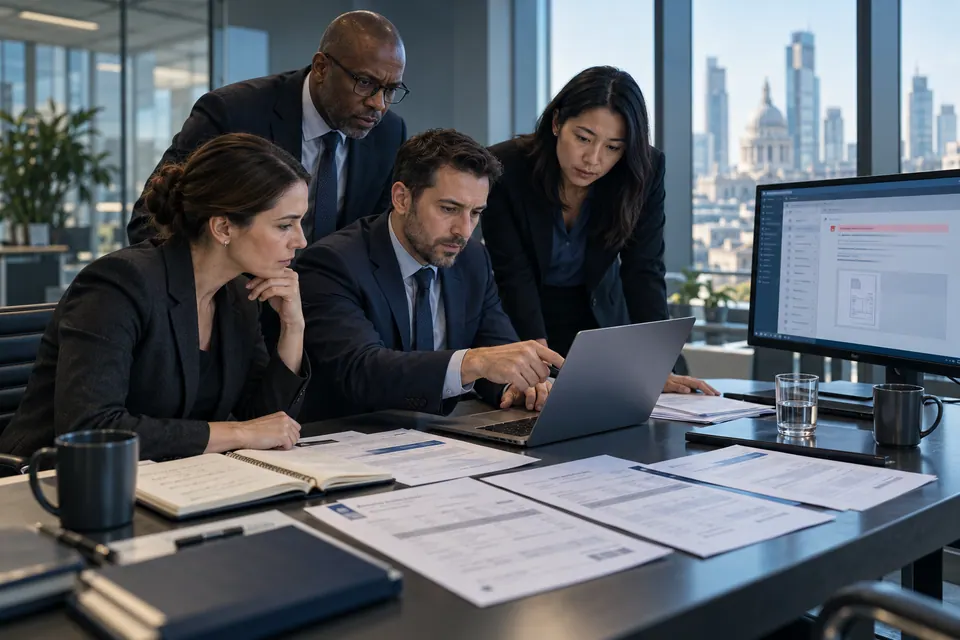 Finance and security specialists reviewing suspicious correspondence together