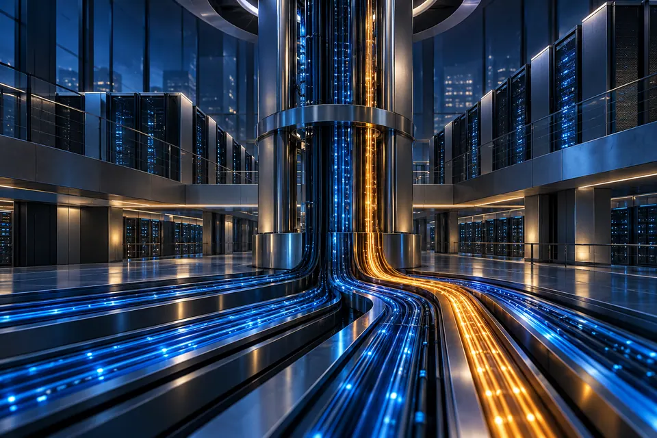 A premium abstract server metering installation with one amber surge through blue channels