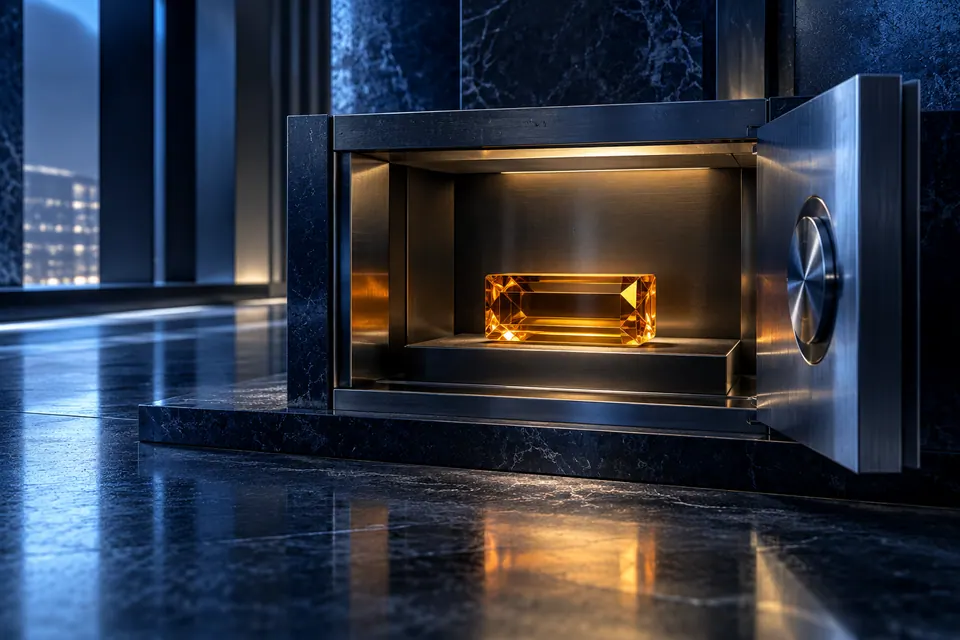 A secure credentials compartment with one access token represented by an amber glass prism