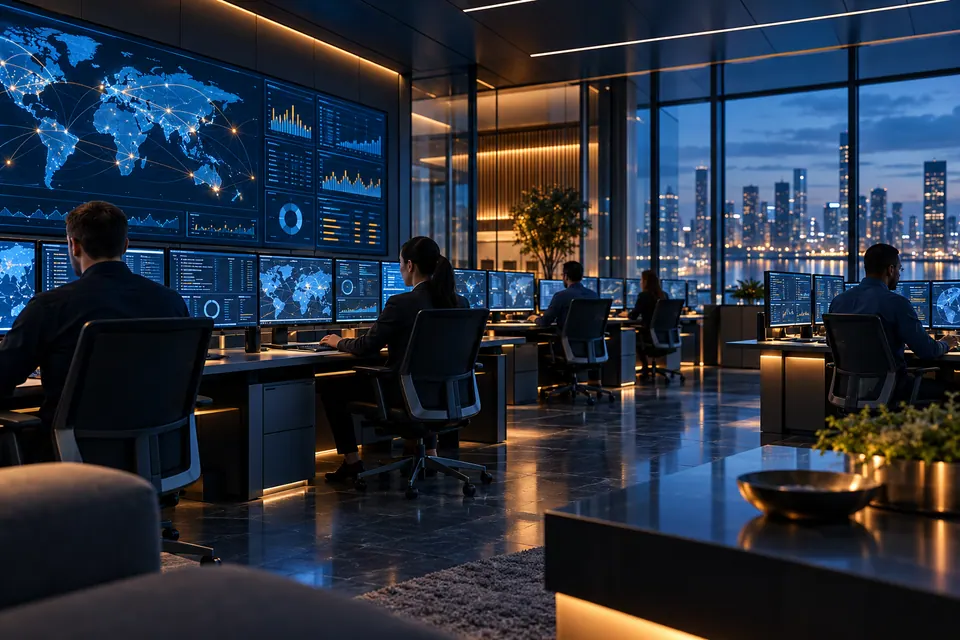 A calm infrastructure operations room with restored balanced blue light patterns