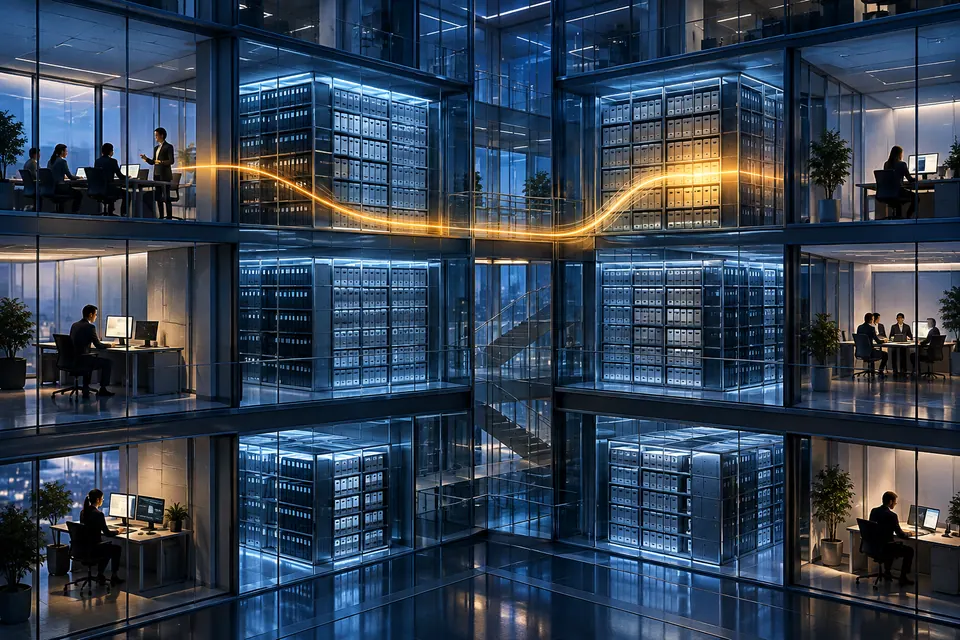 Illustration of an amber data trail crossing separated office archive compartments