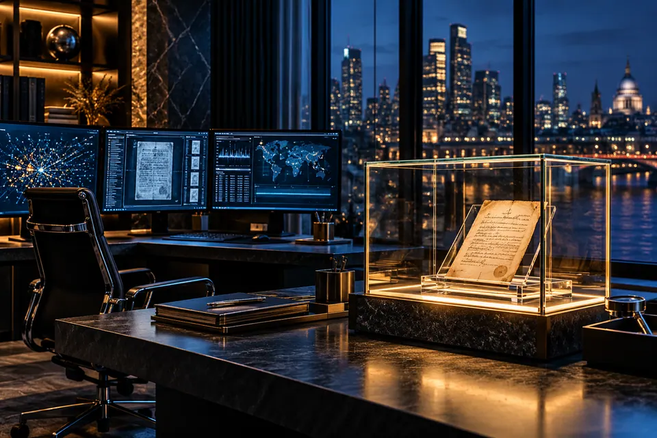 A forensic workstation with a preserved document in a luminous glass evidence case