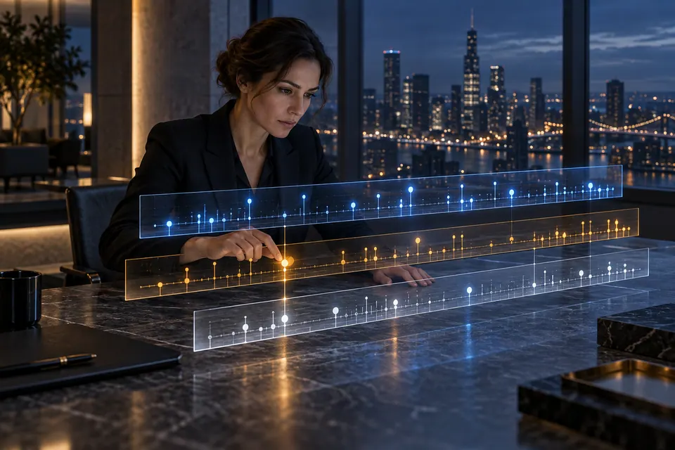 An analyst matching three translucent event timelines on a desk