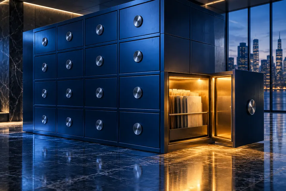 A sealed blue document vault beside a single amber open compartment