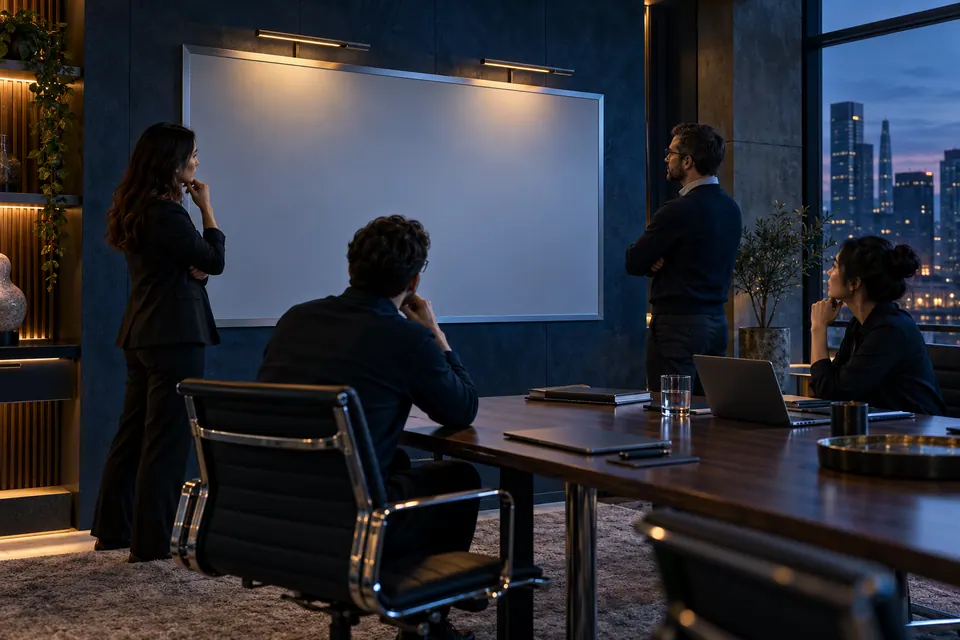 A quiet meeting room with privacy and engineering specialists reviewing a blank evidence board