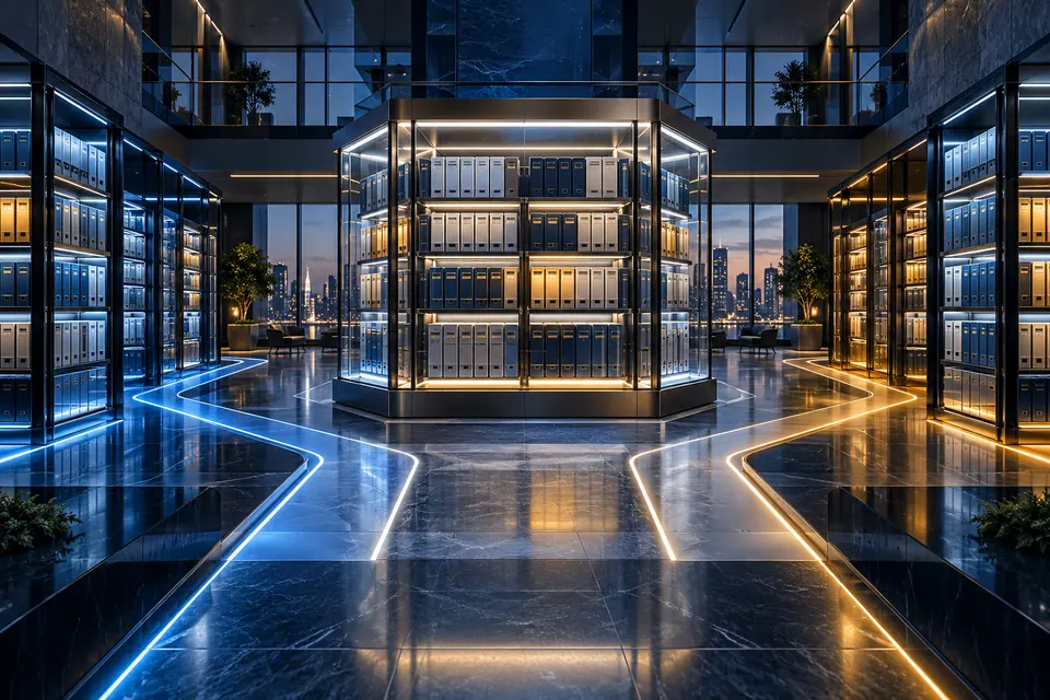 Restored office data archive with clearly separated illuminated pathways
