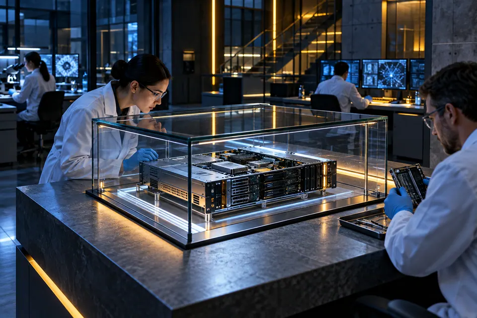 A forensic lab inspecting a server module in a glass evidence enclosure