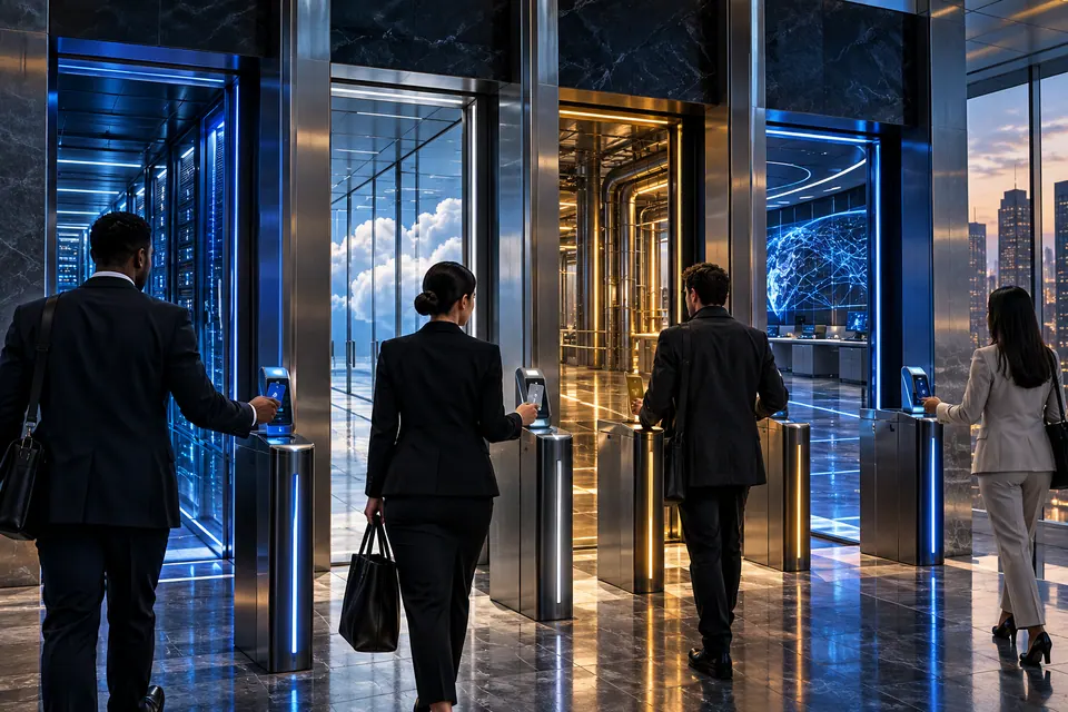 Multiple service identities represented by distinct physical access passes and separate gateways