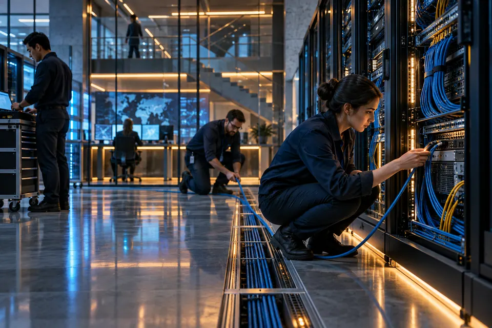 An engineering team tracing a cable path through a sophisticated server laboratory