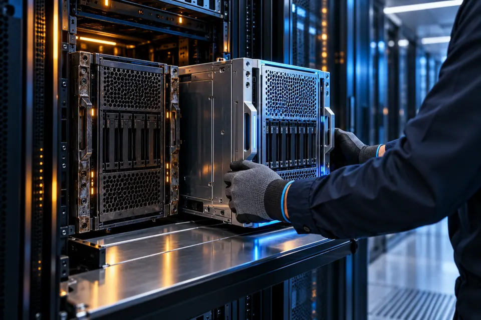A clean replacement server module being placed beside preserved original hardware