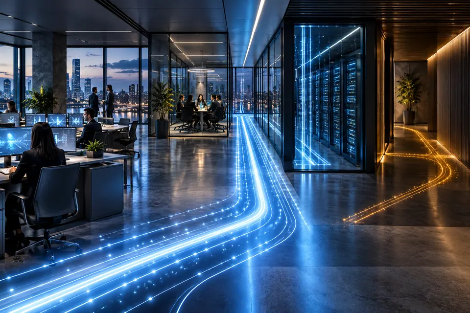 An enterprise office with a visible official data pathway and a subtle amber side route