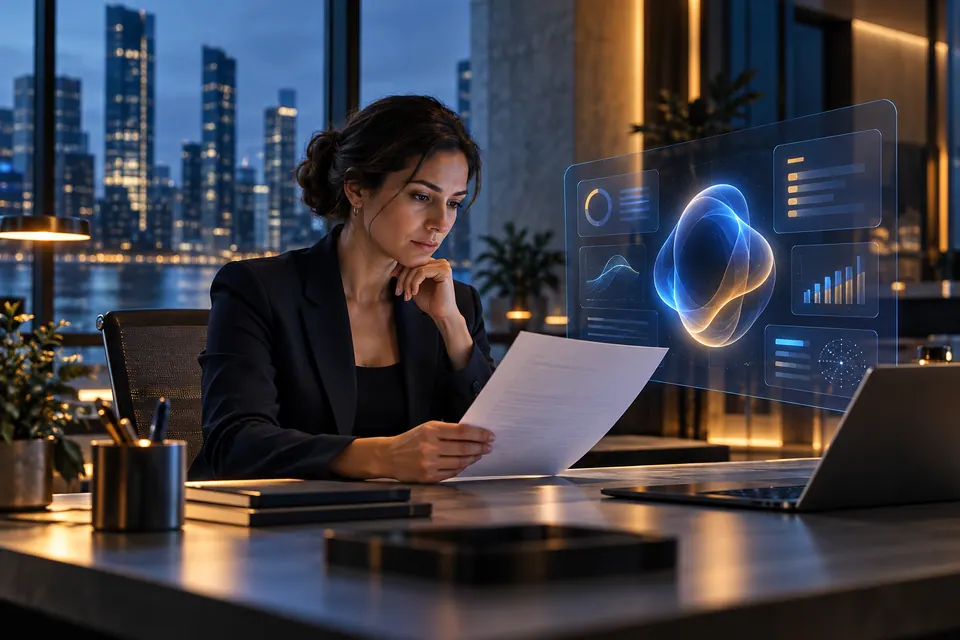 A staff member at a modern workstation considering a document beside an abstract assistant interface without text