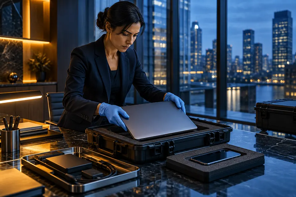 An investigator preserving a laptop and phone in an elegant corporate forensic setting