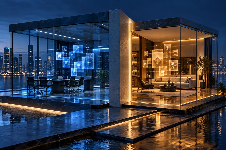 An architectural model showing separate corporate and personal data compartments