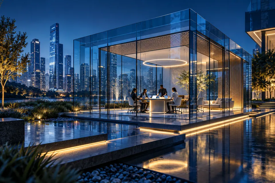 An approved AI workspace represented by a well-lit blue glass pavilion