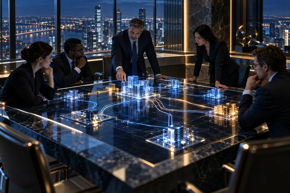 An executive review table with a precise model of controlled information pathways