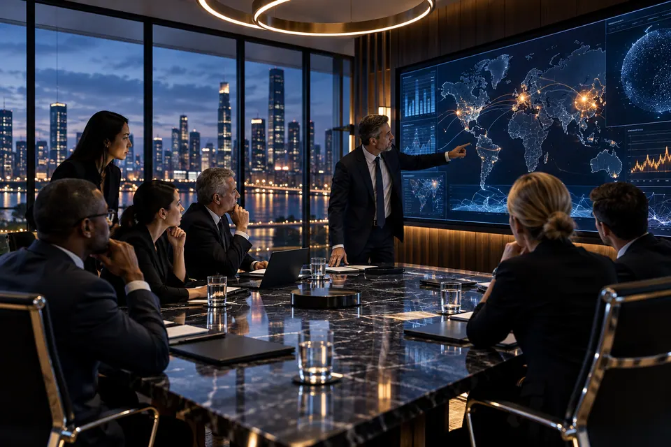 An executive cybersecurity incident exercise in a sophisticated boardroom