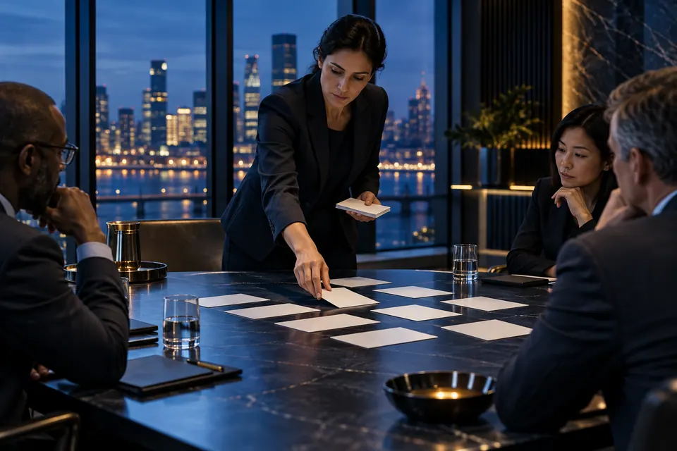 An incident facilitator arranging blank scenario cards on a navy conference table