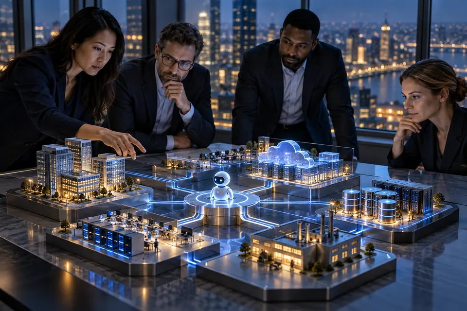 A team reviewing a miniature agent and connected business system architecture