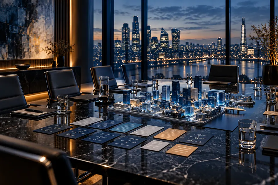 A boardroom after an exercise with neatly ordered action cards and a blue architectural model